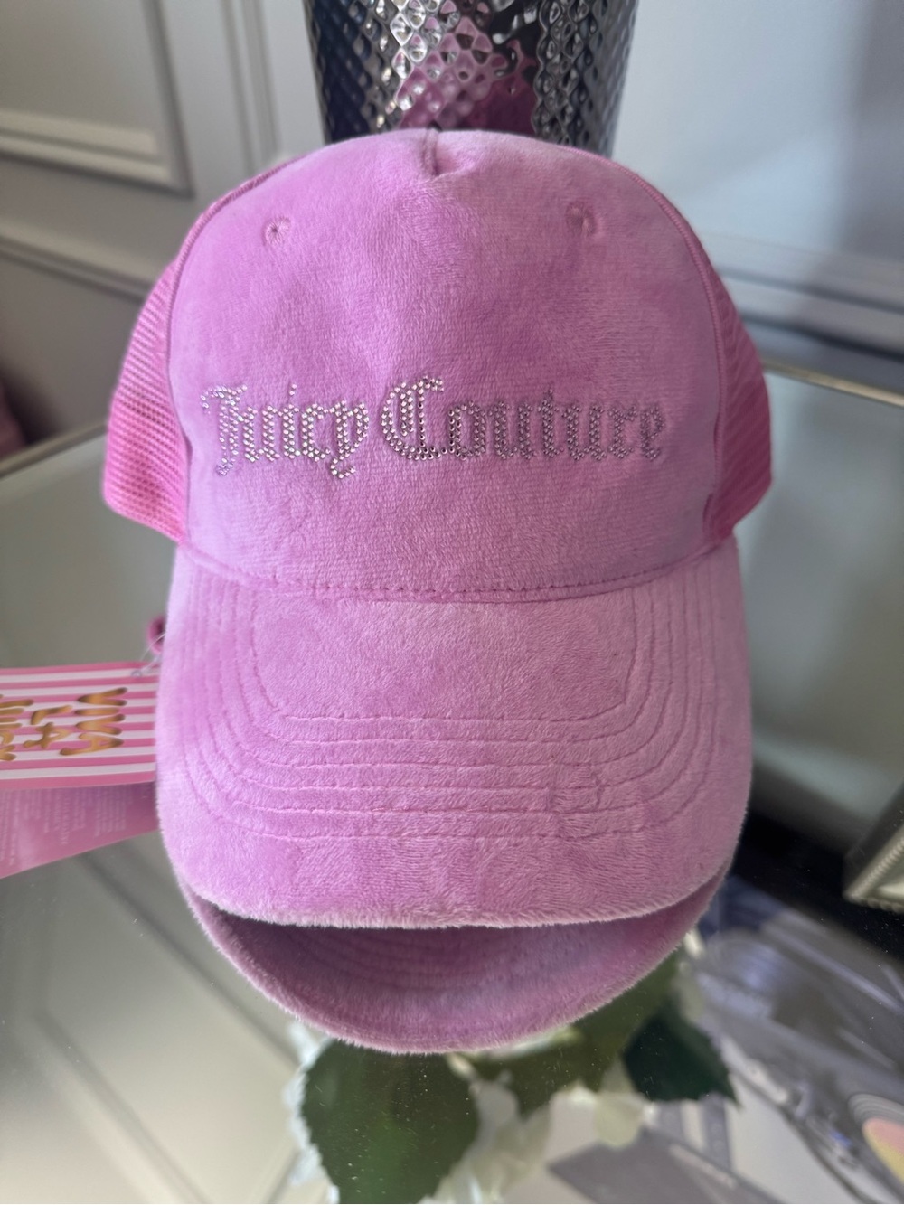 Juicy Couture Pink Velour Rhinestone Logo Trucker Cap
